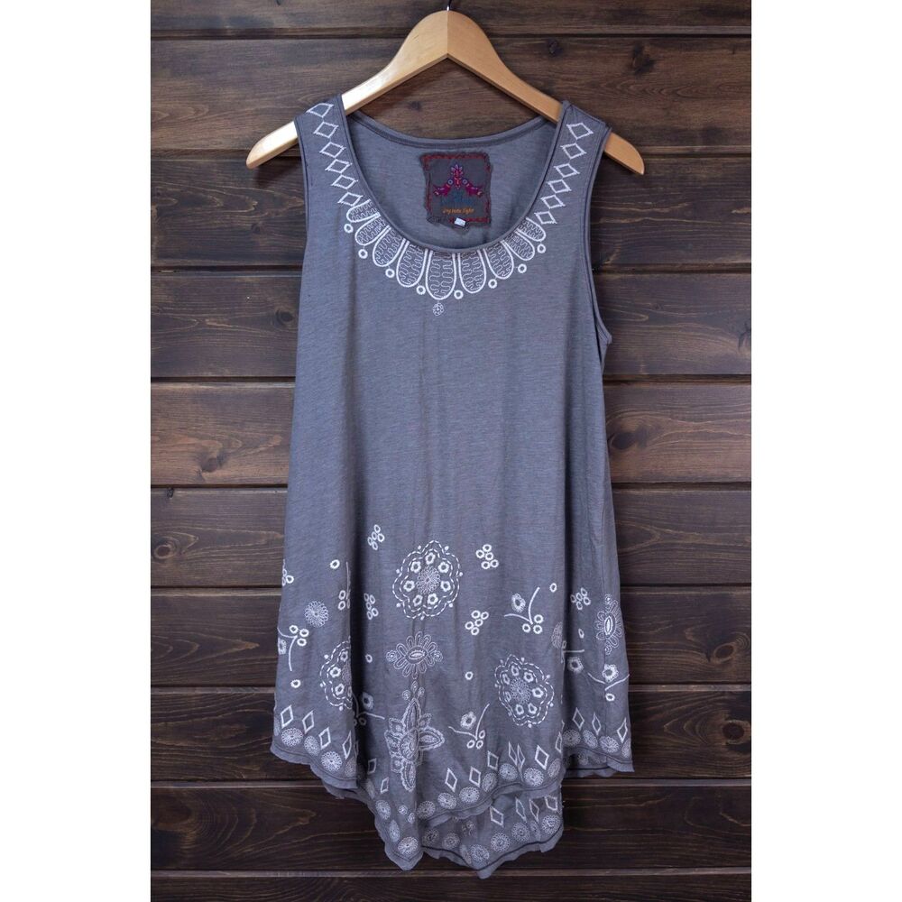 Johnny Was JW Joy Love Light Gray Embroidered Tunic Tank Dress Medium Boho